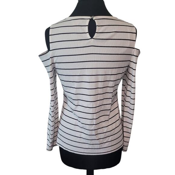 Flirty Striped Cold Shoulder Blouse Petite L Soft Goth Romantic City Glam EUC - Picture 3 of 8